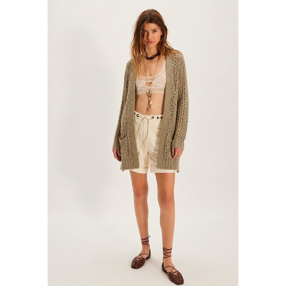 Wet Seal Boho Open Knit Cardigan Womens Size M Beige Cottagecore Minimalist  Y2K